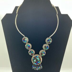 Unique Ethnic Mexican Native Necklace Silver And Multi Stone Mexico Mosaic